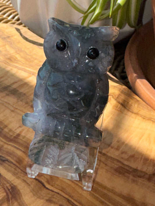 Moss Agate Owl Carving — One of a Kind