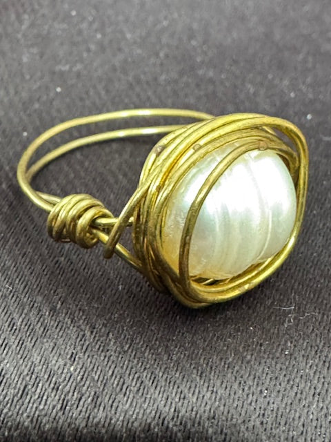 Freshwater Pearl Wire-Wrapped Ring — Adjustable, Gold-Tone
