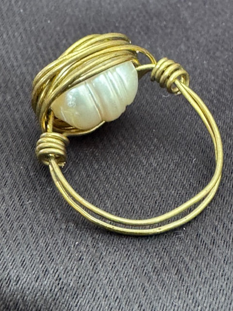 Freshwater Pearl Wire-Wrapped Ring — Adjustable, Gold-Tone
