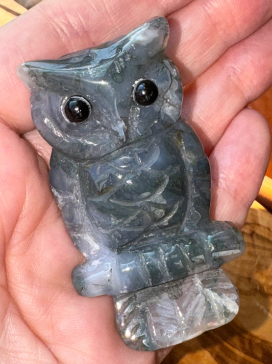 Moss Agate Owl Carving — One of a Kind