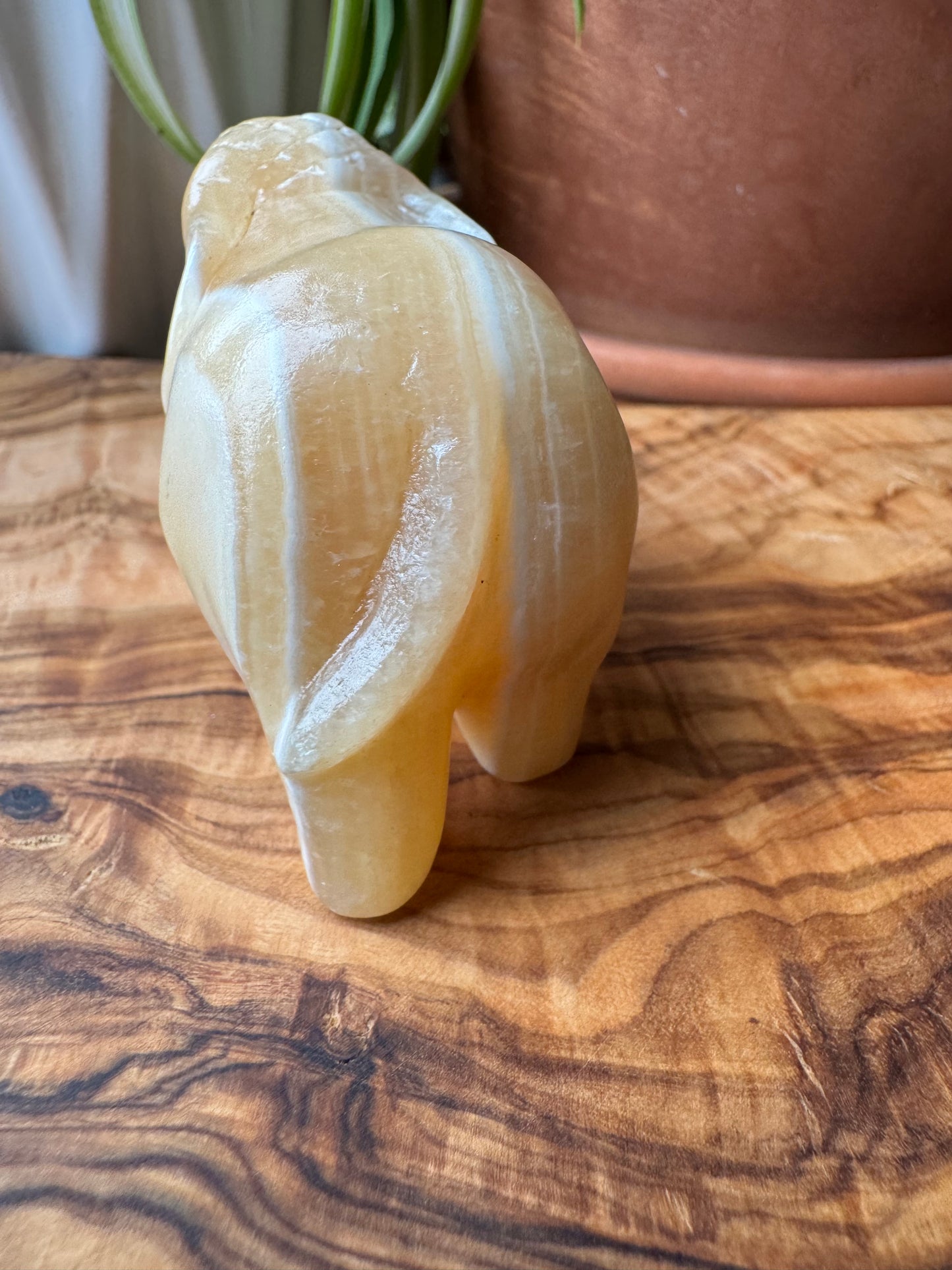 Banded Calcite Elephant Carving — Trunk Up, One of a Kind