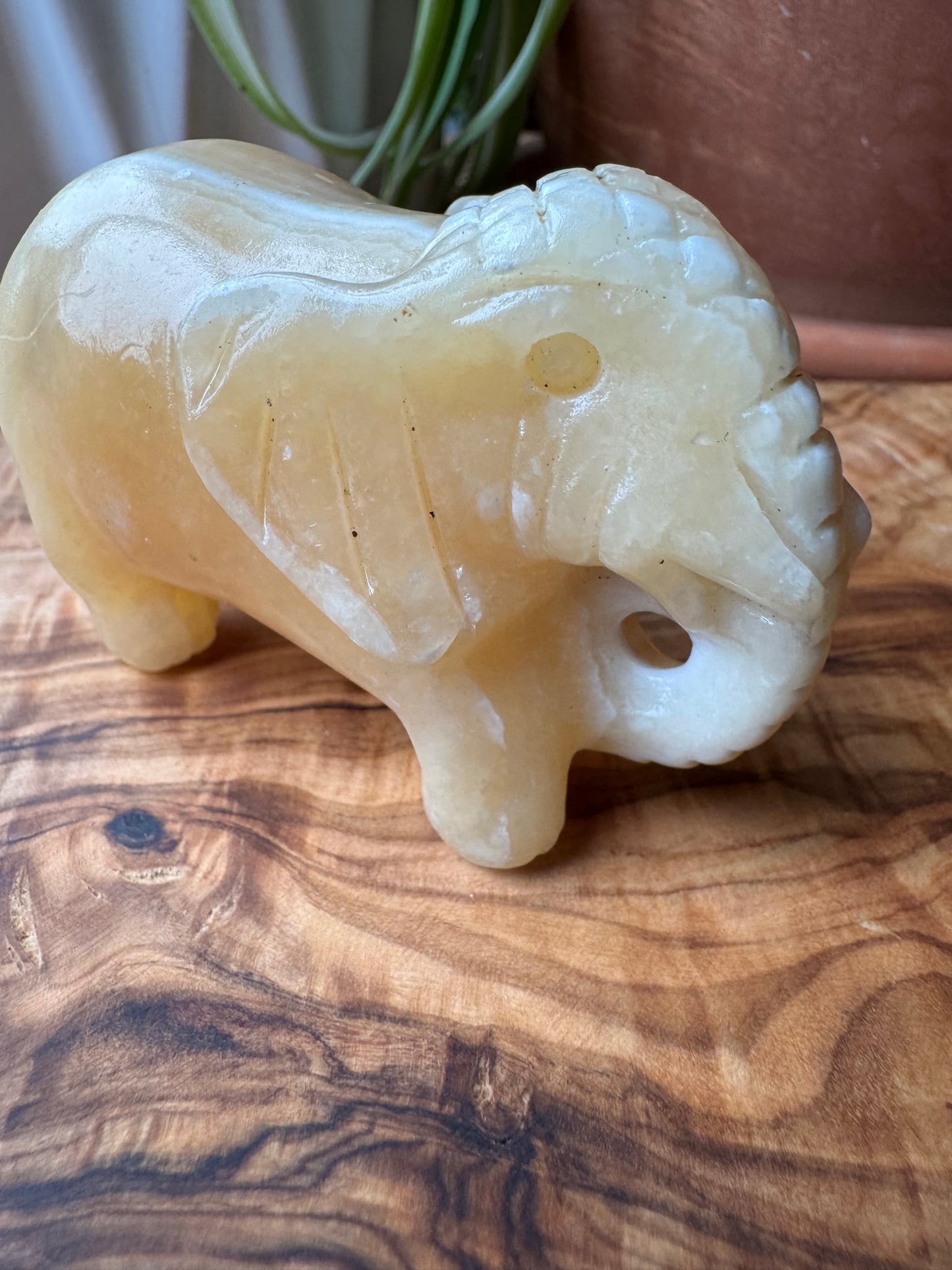 Banded Calcite Elephant Carving — Trunk Up, One of a Kind
