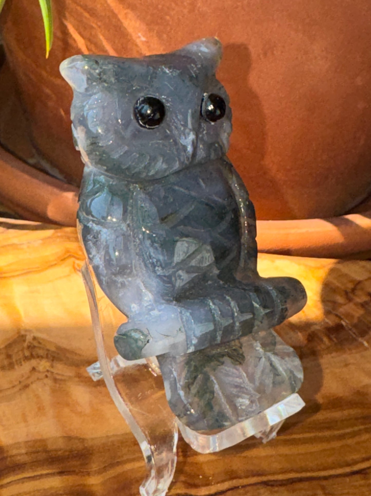 Moss Agate Owl Carving — One of a Kind