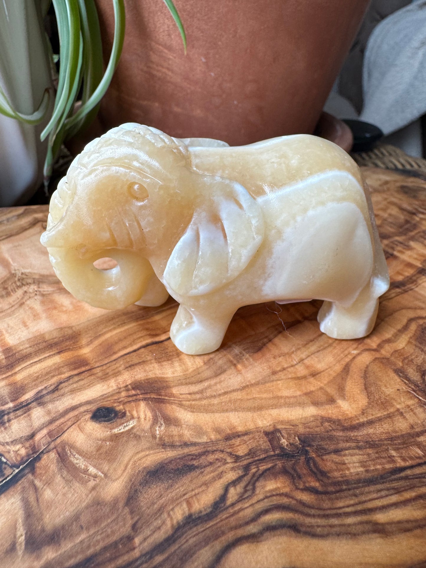 Banded Calcite Elephant Carving — Trunk Up, One of a Kind