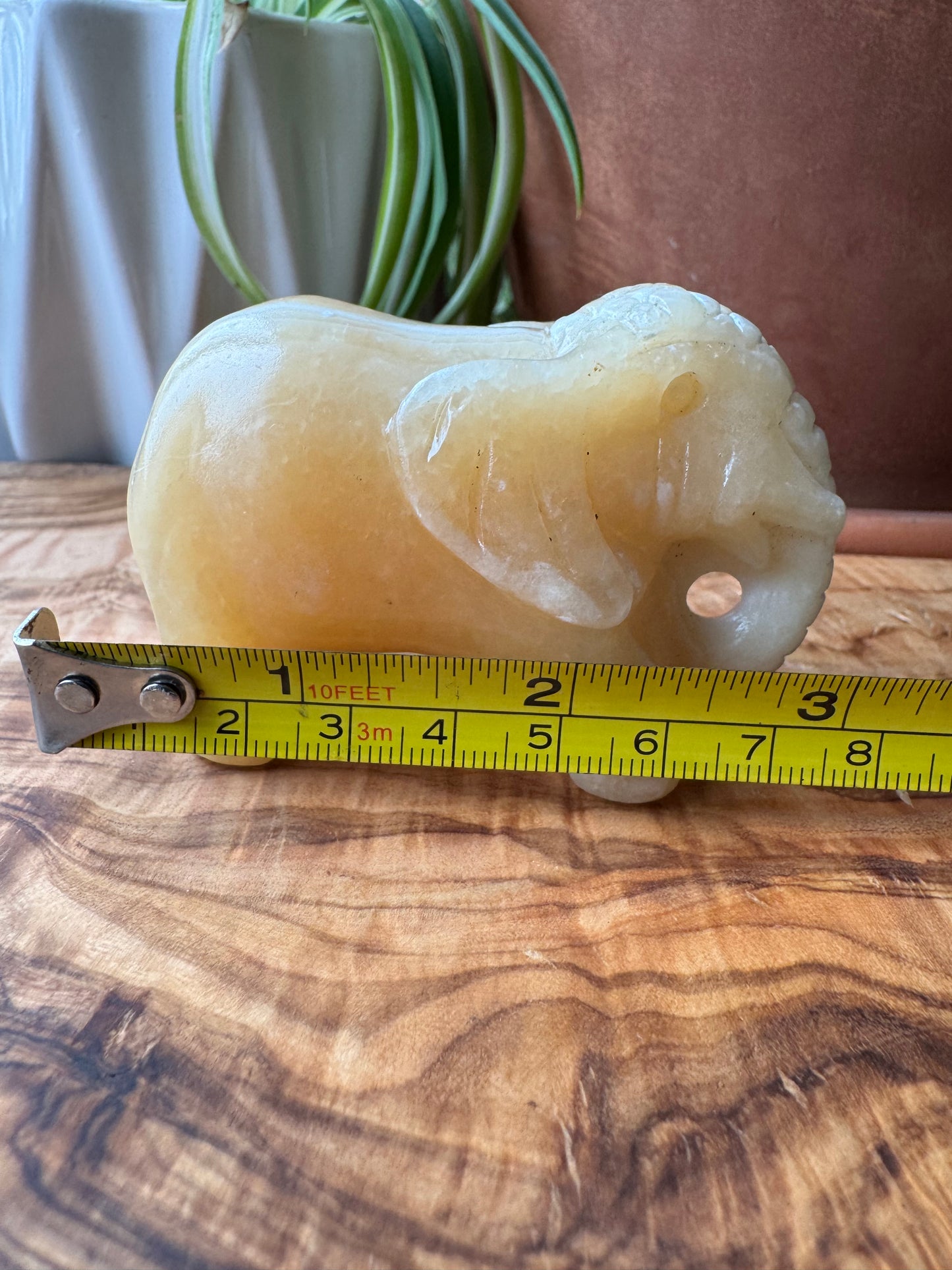 Banded Calcite Elephant Carving — Trunk Up, One of a Kind