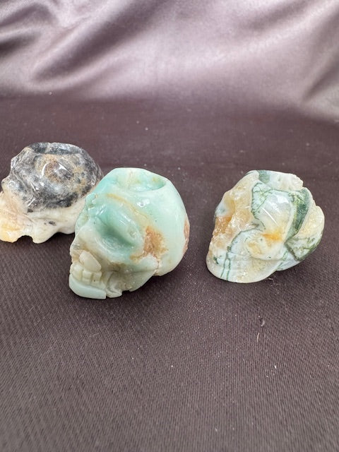 Crystal Skull Sphere Holder Trio — Ocean Jasper, Caribbean Calcite & Moss Agate