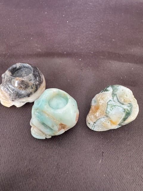 Crystal Skull Sphere Holder Trio — Ocean Jasper, Caribbean Calcite & Moss Agate
