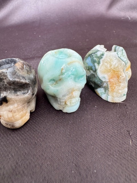 Crystal Skull Sphere Holder Trio — Ocean Jasper, Caribbean Calcite & Moss Agate