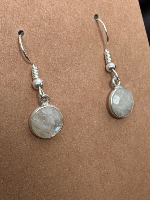 Rainbow Moonstone Round Bezel Earrings — Silver-Plated