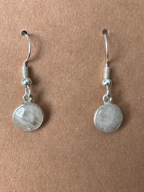 Rainbow Moonstone Round Bezel Earrings — Silver-Plated