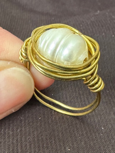 Freshwater Pearl Wire-Wrapped Ring — Adjustable, Gold-Tone